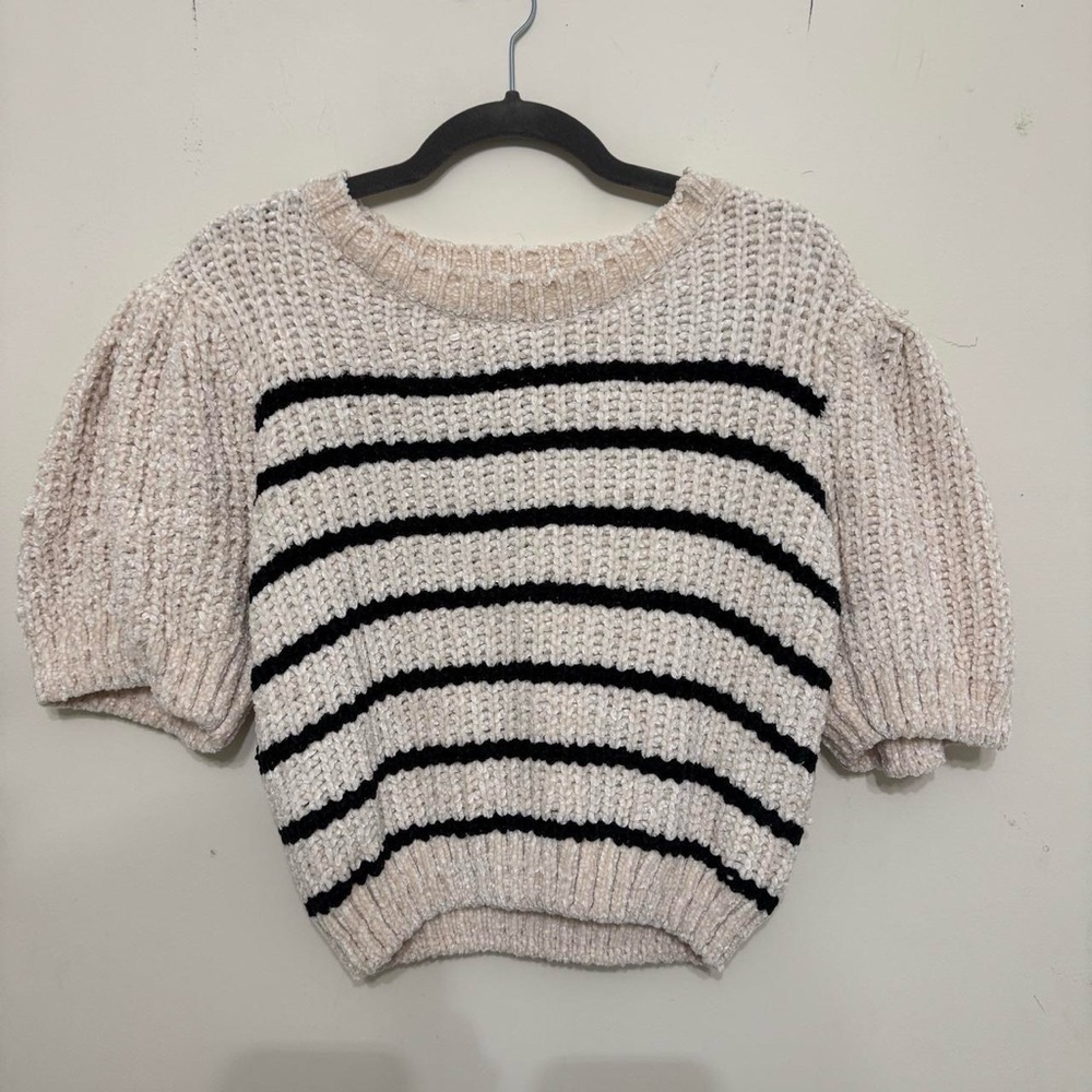GENERATION Y Cream Knit Short Sleeve Sweater with Black Stripes